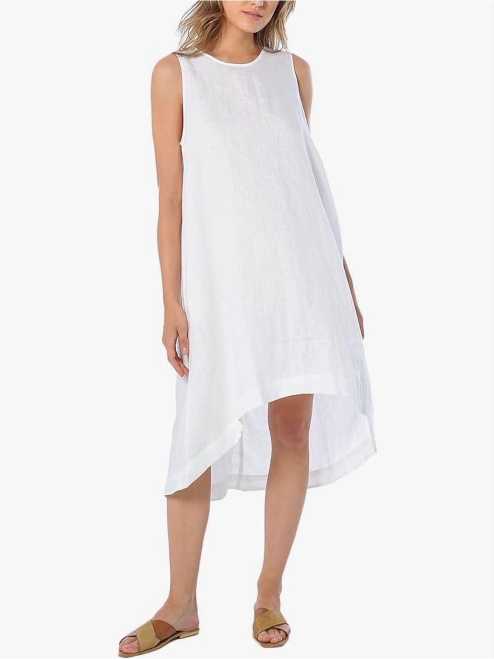 Amazhiyu White Linen Dress NWOT Hi-Lo Hem Pull-Over Style minimalist L